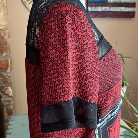 Express Women's Lace Color Block Print Shirt Dress Size Medium Black Red - Picture 4 of 13